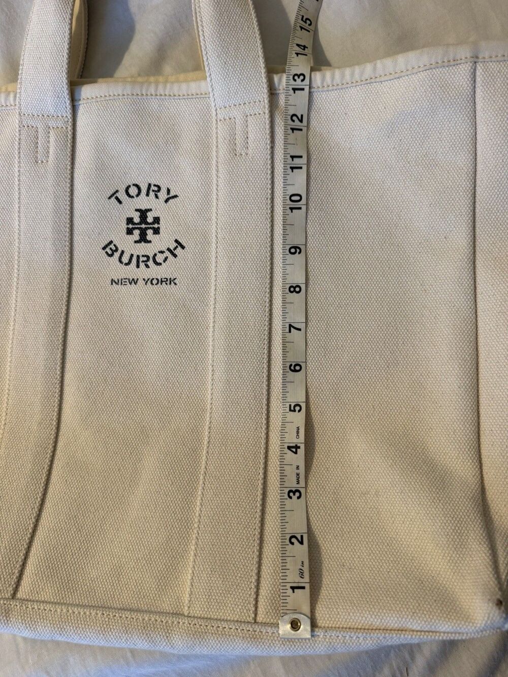Tory Burch Large Canvas Tote Natural/Navy Blue Trim Market Shopper Beach 17x13 - Picture 14 of 15